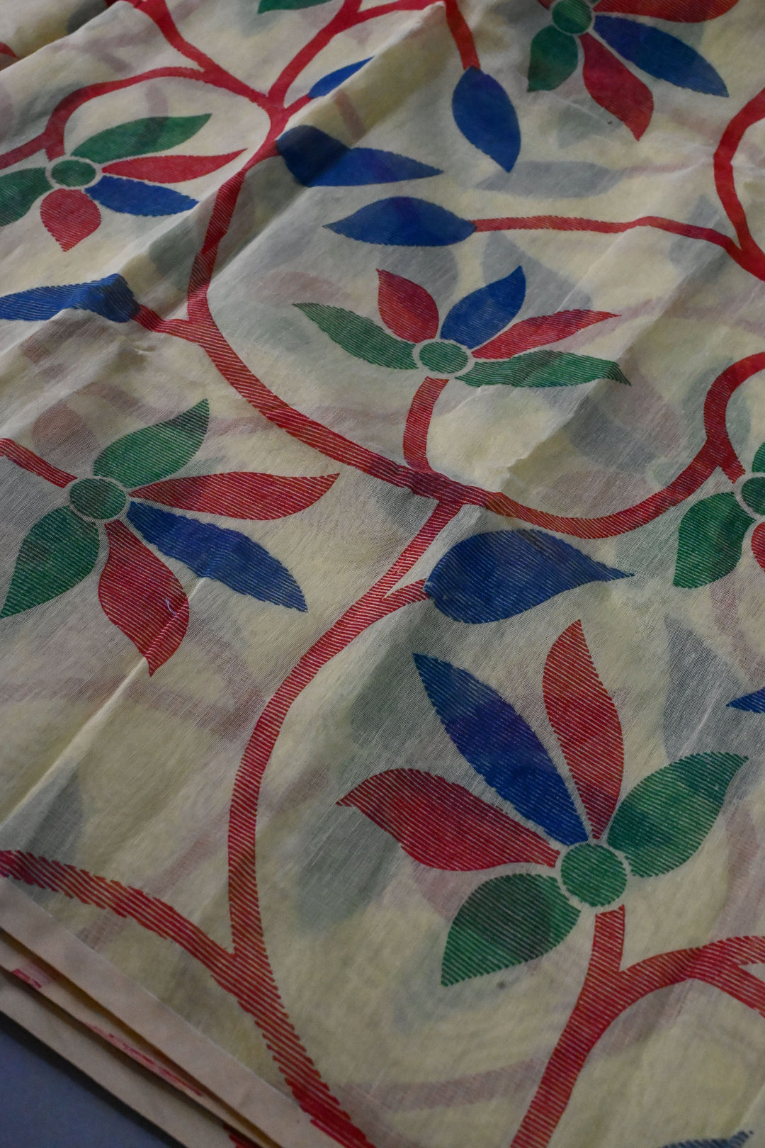 Yellow Uppada Handloom Cotton Saree with Jamdani Style Screen Print and long Tassels | SHOBITAM