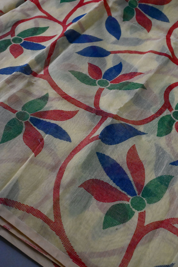 Yellow Uppada Handloom Cotton Saree with Jamdani Style Screen Print and long Tassels | SHOBITAM