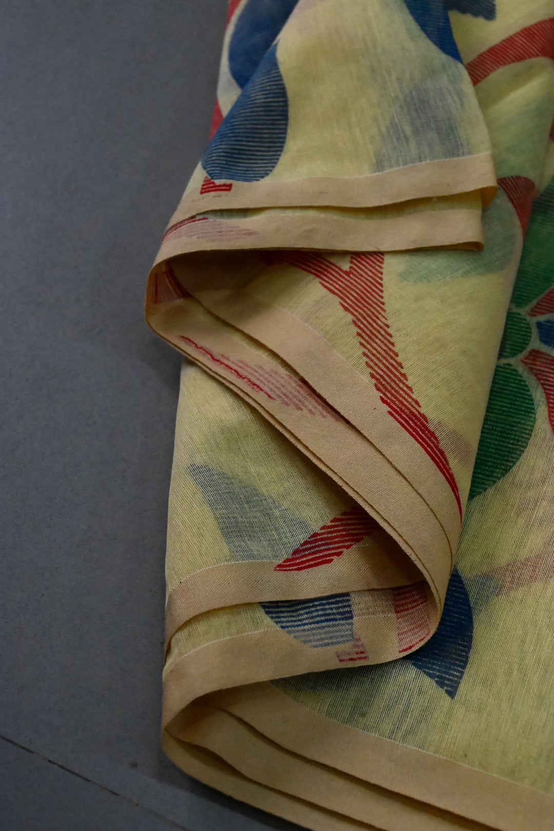Yellow Uppada Handloom Cotton Saree with Jamdani Style Screen Print and long Tassels | SHOBITAM