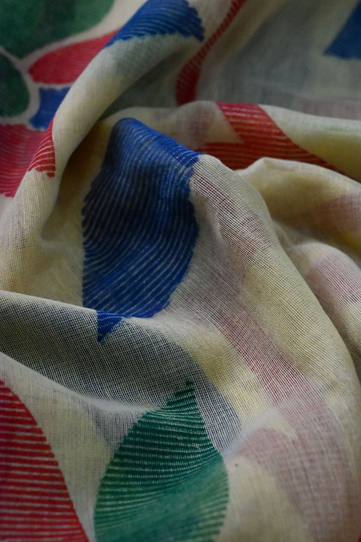 Yellow Uppada Handloom Cotton Saree with Jamdani Style Screen Print and long Tassels | SHOBITAM