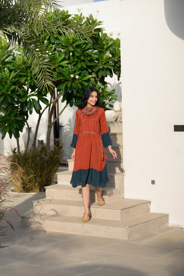 Rust & Teal Ajrakh Panel Muslin Dress- SET OF-1 | SHOBITAM