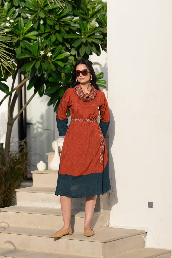 Rust & Teal Ajrakh Panel Muslin Dress- SET OF-1 | SHOBITAM