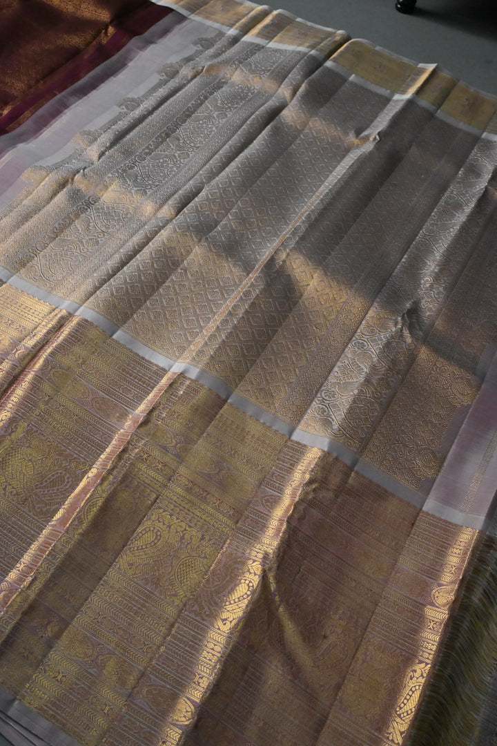 Burgundy Pure Gadwal Silk Saree with Patola Zari Brocade and Contrast Skirt Zari Border | SILK MARK CERTIFIED | SHOBITAM