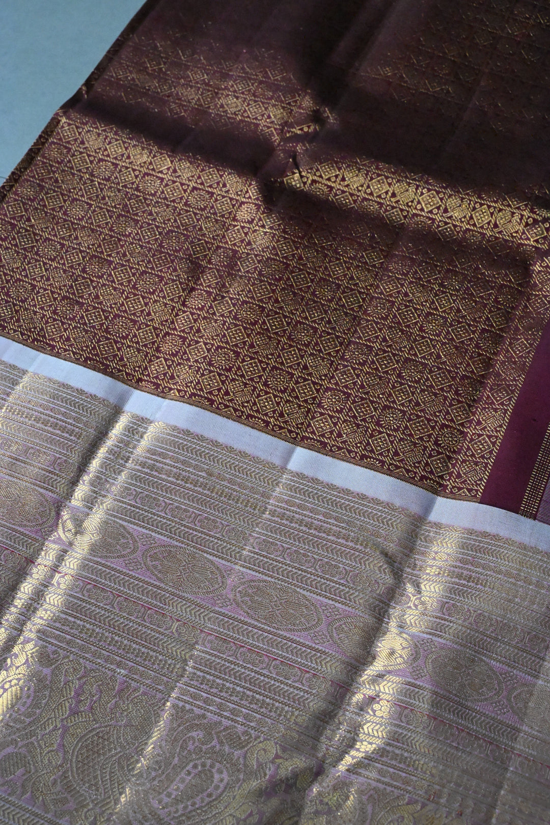 Burgundy Pure Gadwal Silk Saree with Patola Zari Brocade and Contrast Skirt Zari Border | SILK MARK CERTIFIED | SHOBITAM
