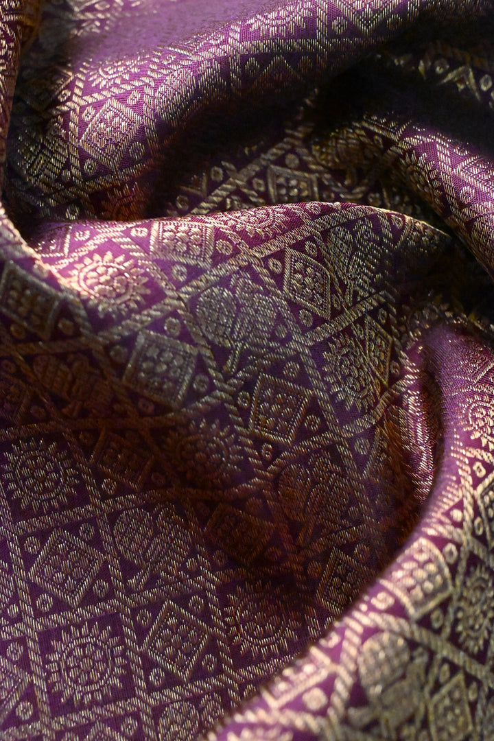 Burgundy Pure Gadwal Silk Saree with Patola Zari Brocade and Contrast Skirt Zari Border | SILK MARK CERTIFIED | SHOBITAM
