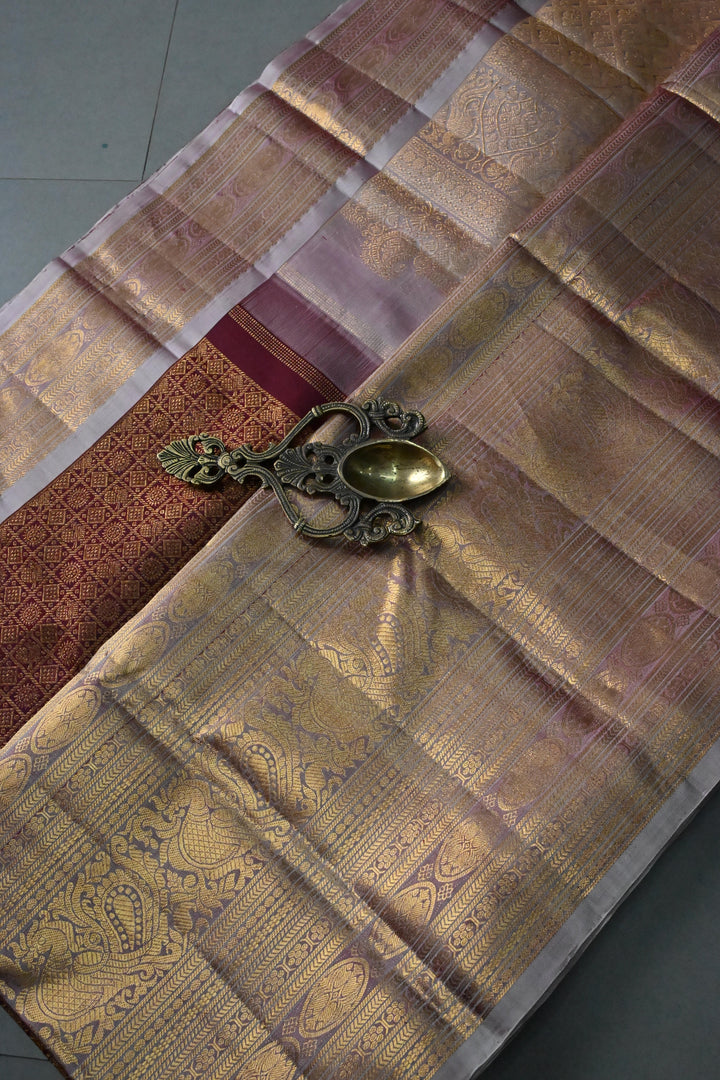 Burgundy Pure Gadwal Silk Saree with Patola Zari Brocade and Contrast Skirt Zari Border | SILK MARK CERTIFIED | SHOBITAM