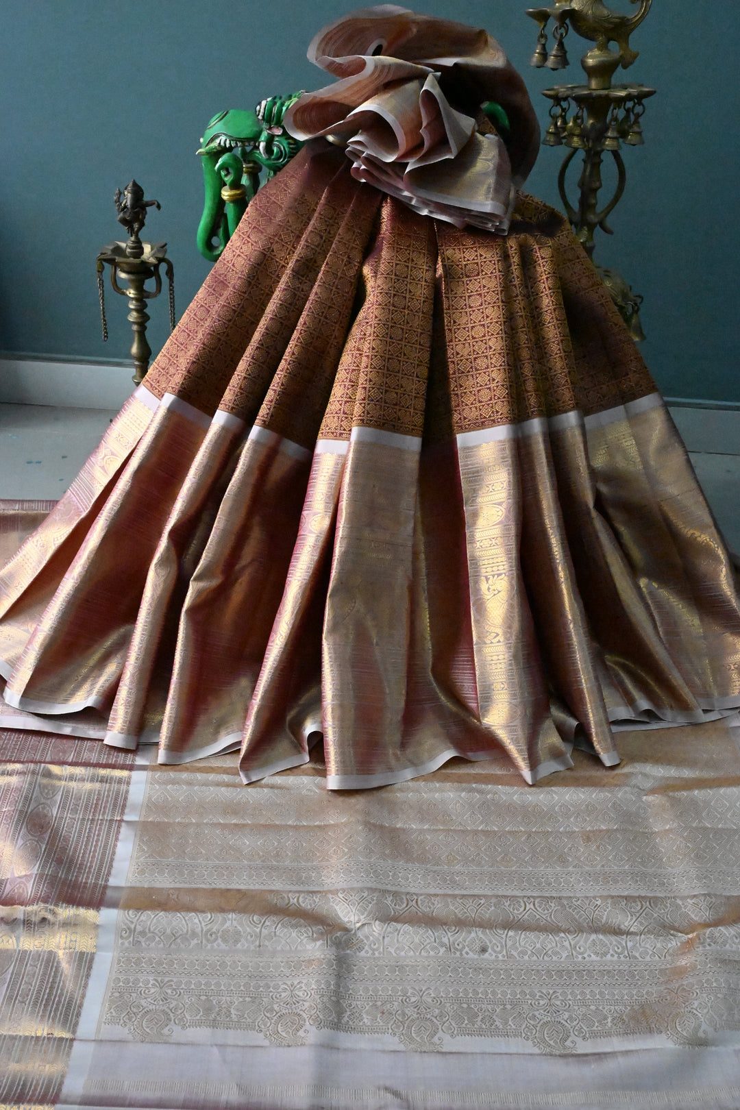 Burgundy Pure Gadwal Silk Saree with Patola Zari Brocade and Contrast Skirt Zari Border | SILK MARK CERTIFIED | SHOBITAM
