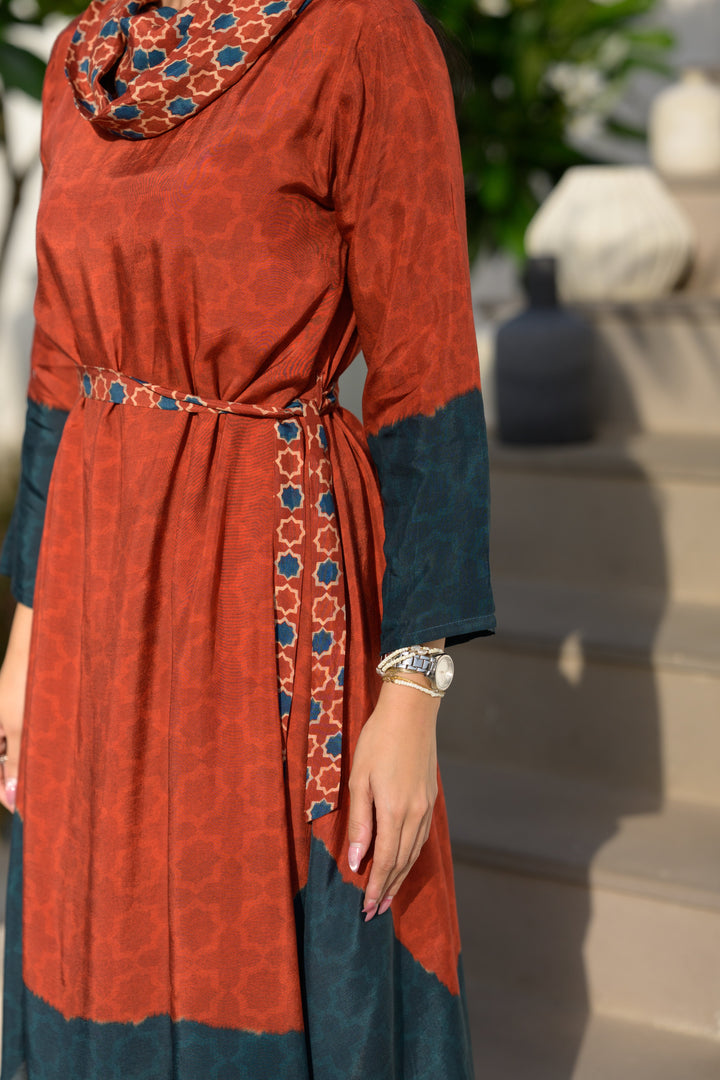 Rust & Teal Ajrakh Panel Muslin Dress- SET OF-1 | SHOBITAM