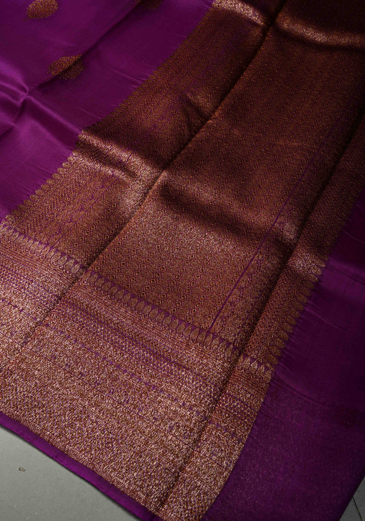 Royal Purple Pure Banarasi Kora Silk Saree with Floral Antique Zari Buttas and Zari Border| SILK MARK CERTIFIED | SHOBITAM