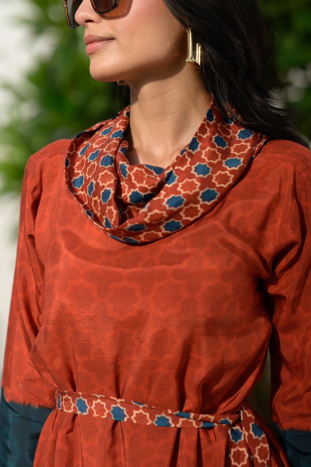 Rust & Teal Ajrakh Panel Muslin Dress- SET OF-1 | SHOBITAM
