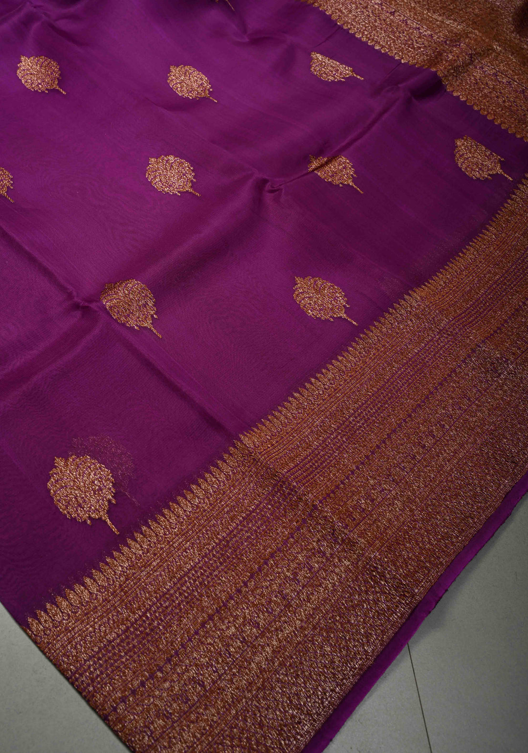 Royal Purple Pure Banarasi Kora Silk Saree with Floral Antique Zari Buttas and Zari Border| SILK MARK CERTIFIED | SHOBITAM