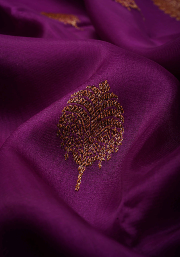 Royal Purple Pure Banarasi Kora Silk Saree with Floral Antique Zari Buttas and Zari Border| SILK MARK CERTIFIED | SHOBITAM