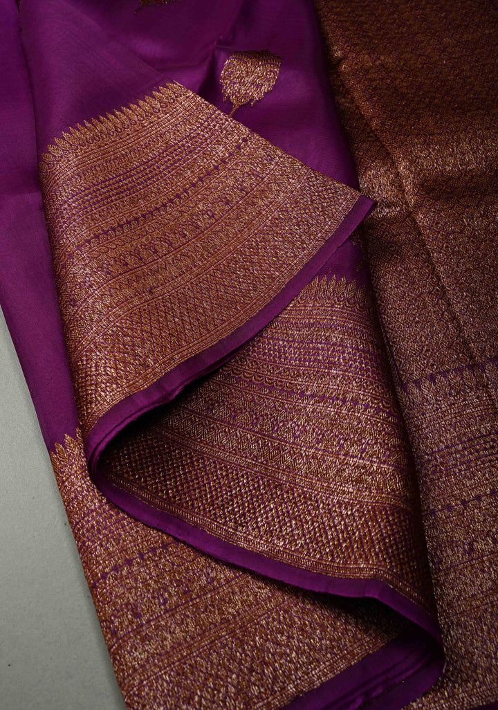 Royal Purple Pure Banarasi Kora Silk Saree with Floral Antique Zari Buttas and Zari Border| SILK MARK CERTIFIED | SHOBITAM