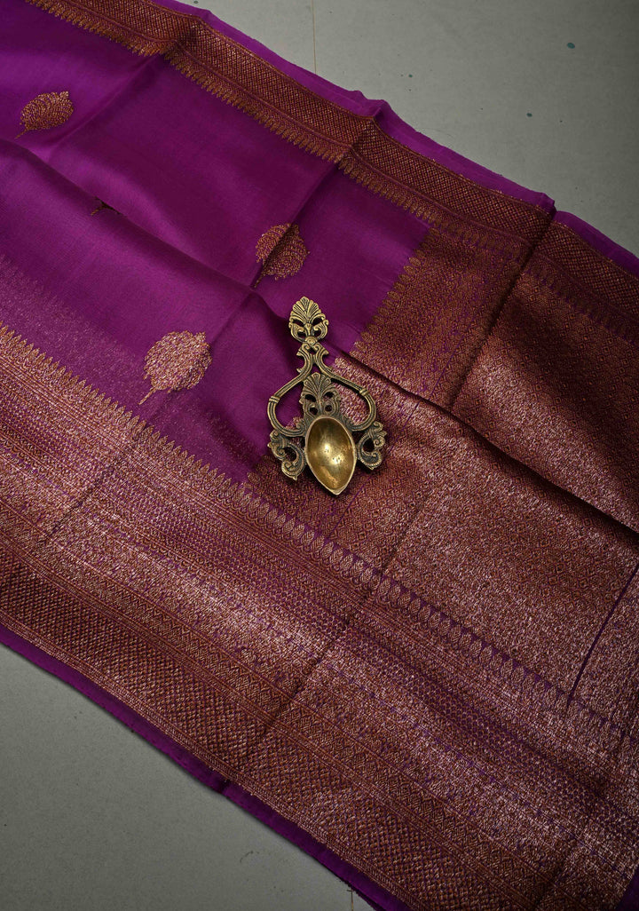 Royal Purple Pure Banarasi Kora Silk Saree with Floral Antique Zari Buttas and Zari Border| SILK MARK CERTIFIED | SHOBITAM
