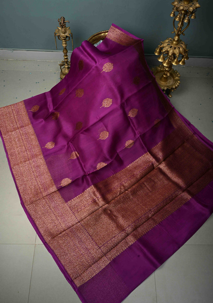 Royal Purple Pure Banarasi Kora Silk Saree with Floral Antique Zari Buttas and Zari Border| SILK MARK CERTIFIED | SHOBITAM