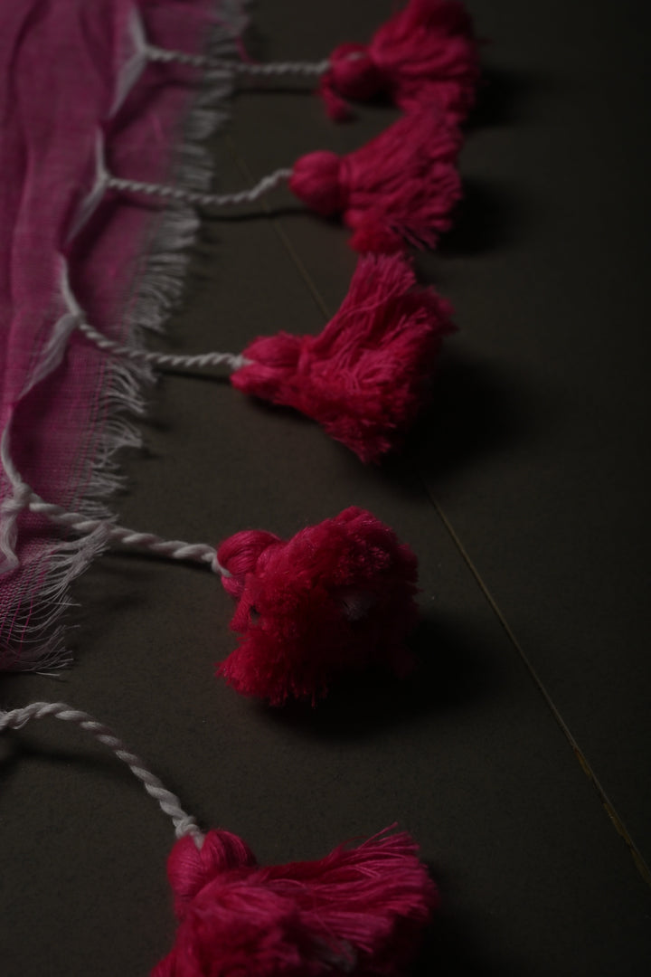 French Rose Mercerized Mul Cotton Saree with Tikki Work and Long Tassels, No Blouse Piece | SHOBITAM