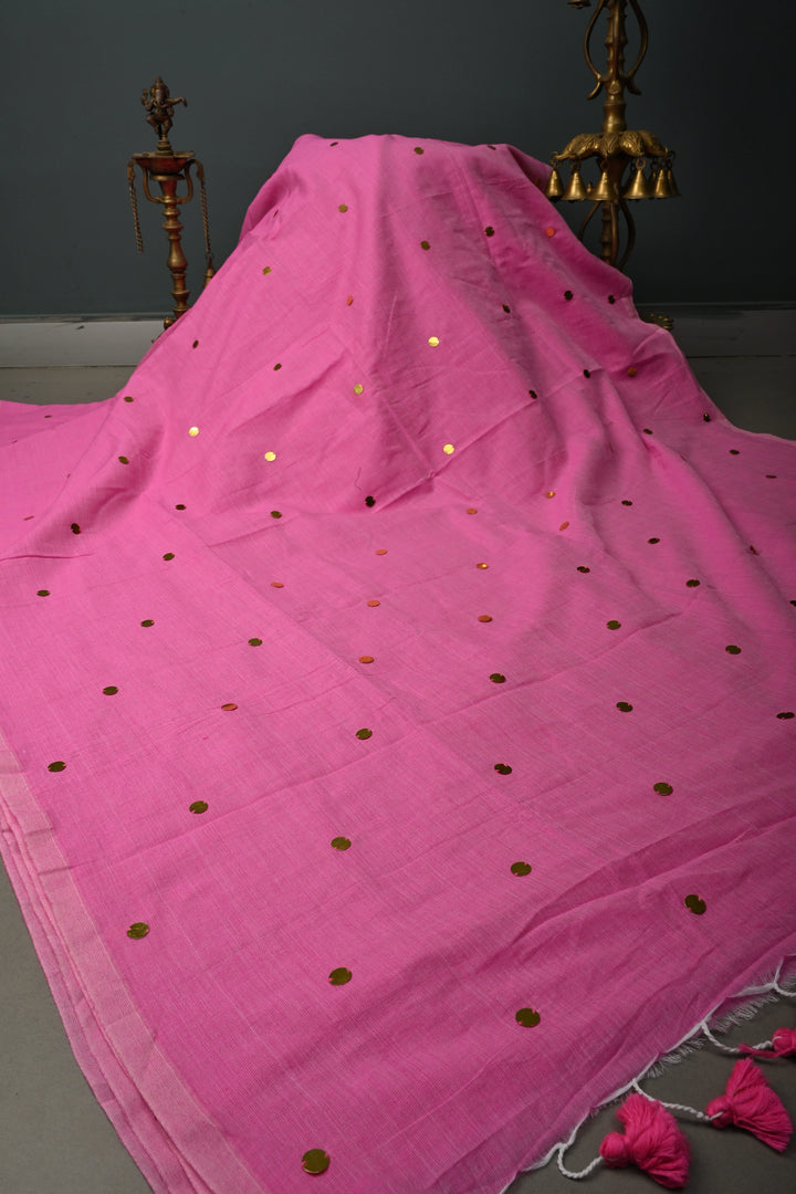 French Rose Mercerized Mul Cotton Saree with Tikki Work and Long Tassels, No Blouse Piece | SHOBITAM