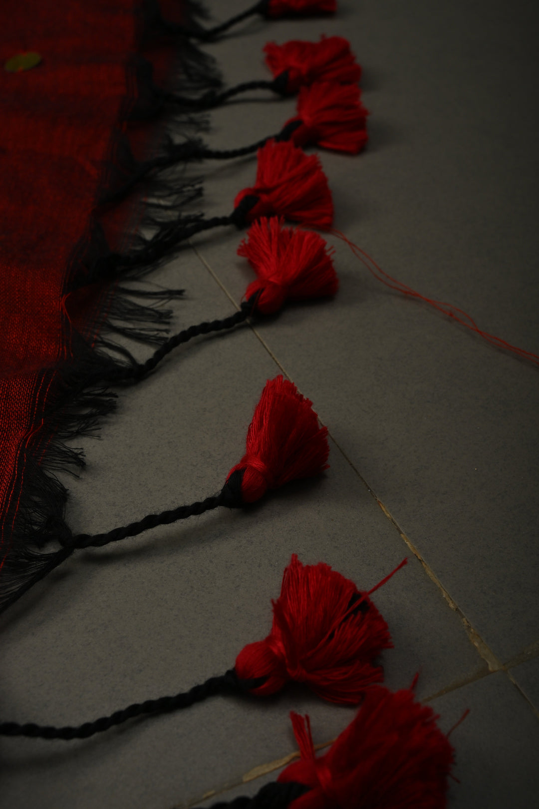 Maroon Mercerized Mul Cotton saree in With Tikki work and Long Tassels, No Blouse Piece | SHOBITAM