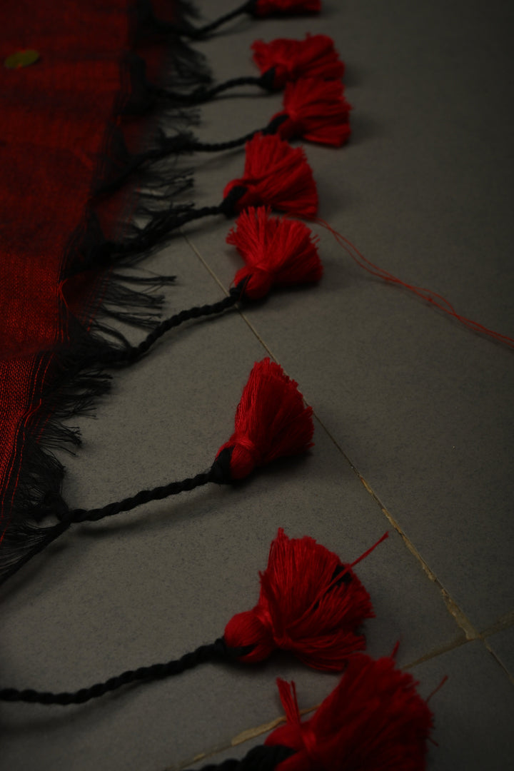 Maroon Mercerized Mul Cotton saree in With Tikki work and Long Tassels, No Blouse Piece | SHOBITAM