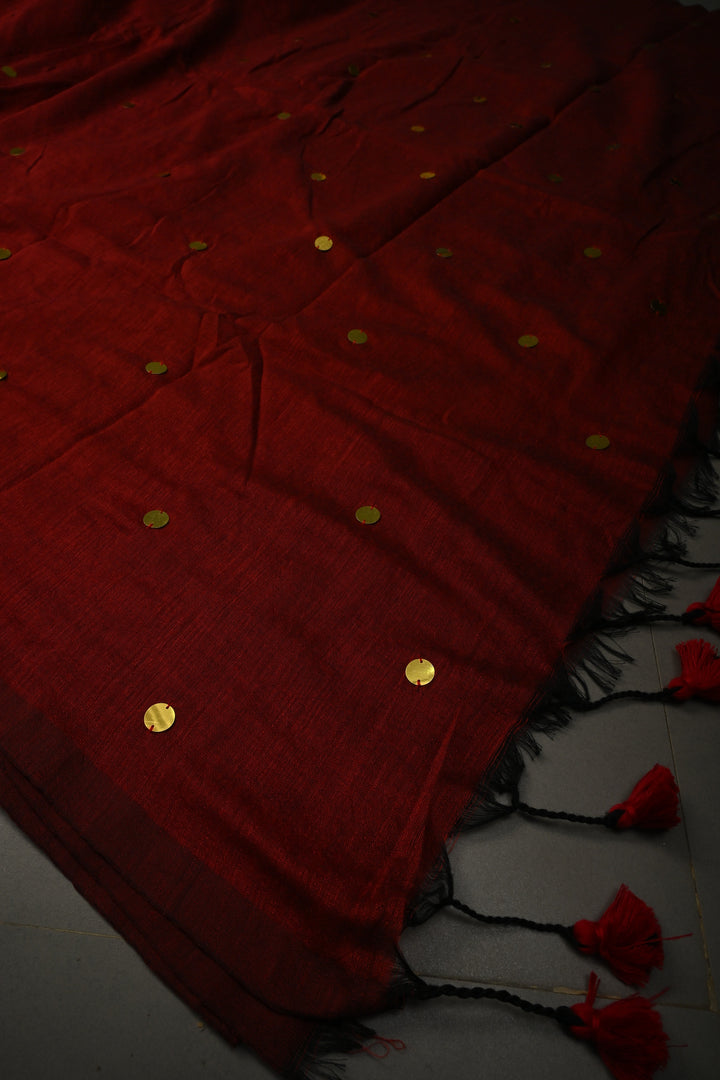 Maroon Mercerized Mul Cotton saree in With Tikki work and Long Tassels, No Blouse Piece | SHOBITAM