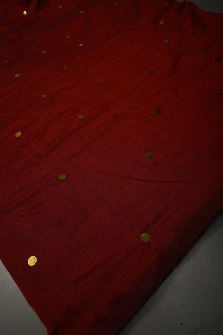 Maroon Mercerized Mul Cotton saree in With Tikki work and Long Tassels, No Blouse Piece | SHOBITAM