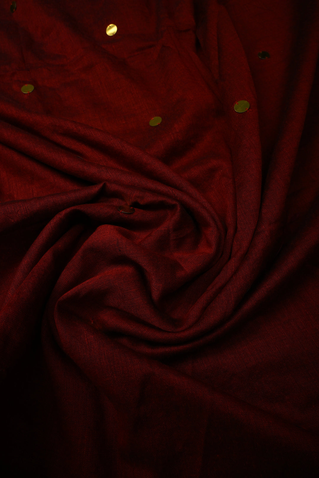 Maroon Mercerized Mul Cotton saree in With Tikki work and Long Tassels, No Blouse Piece | SHOBITAM