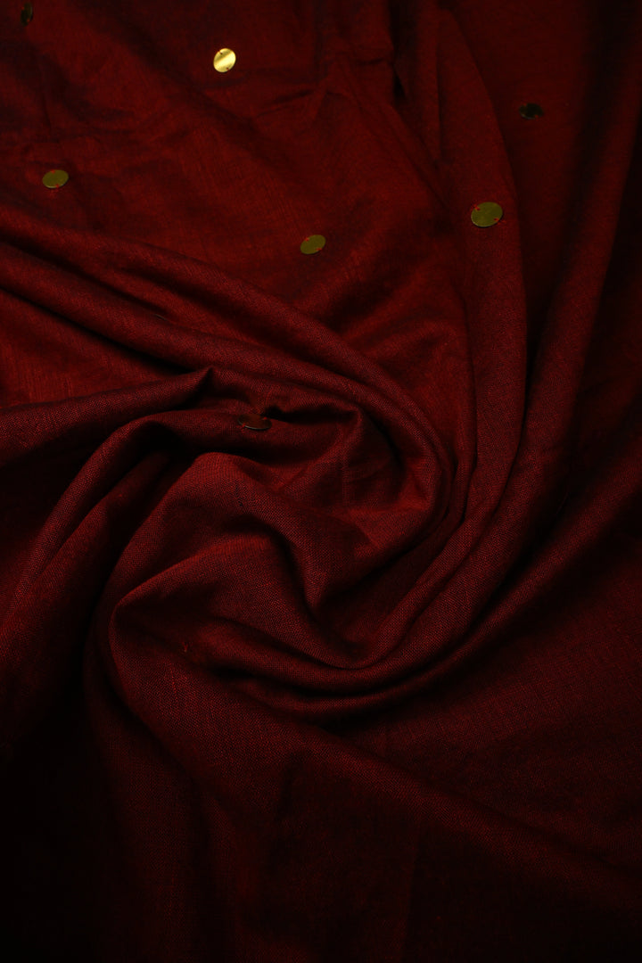 Maroon Mercerized Mul Cotton saree in With Tikki work and Long Tassels, No Blouse Piece | SHOBITAM