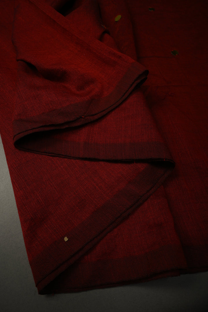 Maroon Mercerized Mul Cotton saree in With Tikki work and Long Tassels, No Blouse Piece | SHOBITAM