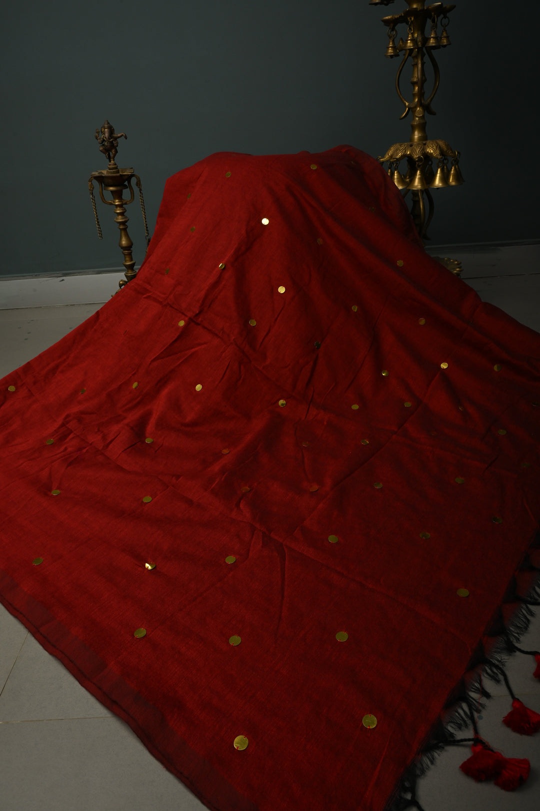 Maroon Mercerized Mul Cotton saree in With Tikki work and Long Tassels, No Blouse Piece | SHOBITAM