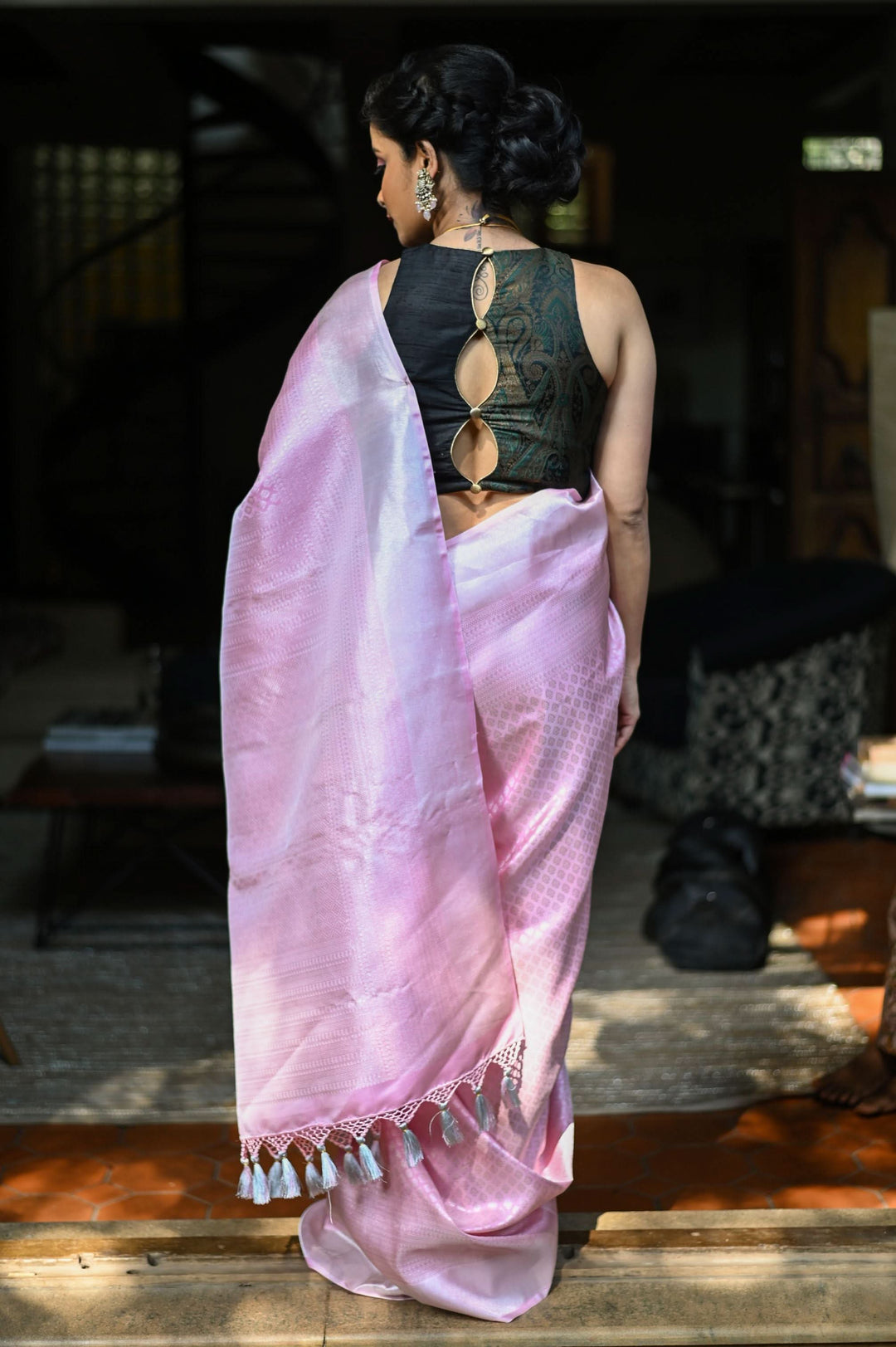 Made to Measure: Black green brocade & black rawsilk three loop back opening