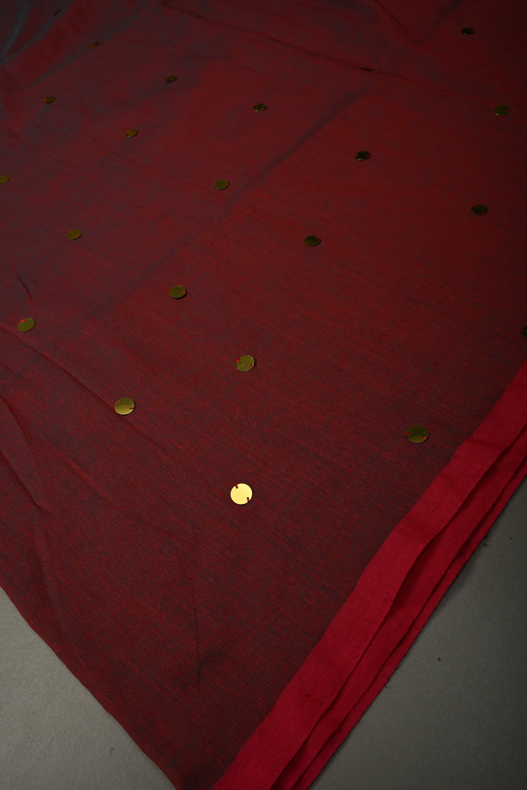 Red-Green Dual Tone Mercerized Mul Cotton saree in With Tikki work and Long Tassels, No Blouse Piece | SHOBITAM