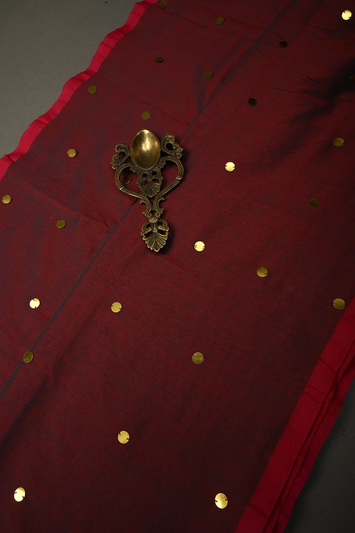 Red-Green Dual Tone Mercerized Mul Cotton saree in With Tikki work and Long Tassels, No Blouse Piece | SHOBITAM