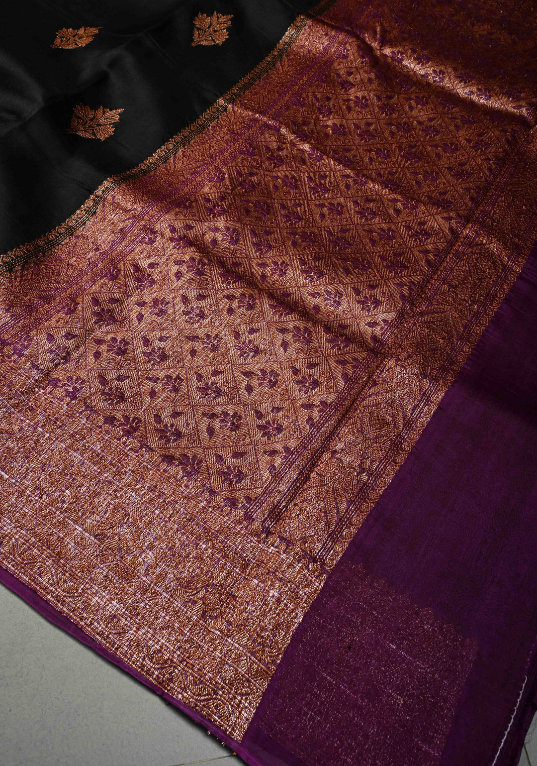 Black Pure Banarasi Kora Silk Saree with Floral Antique Oxidized Zari Buttas and Contrast Zari Border | SILK MARK CERTIFIED | SHOBITAM