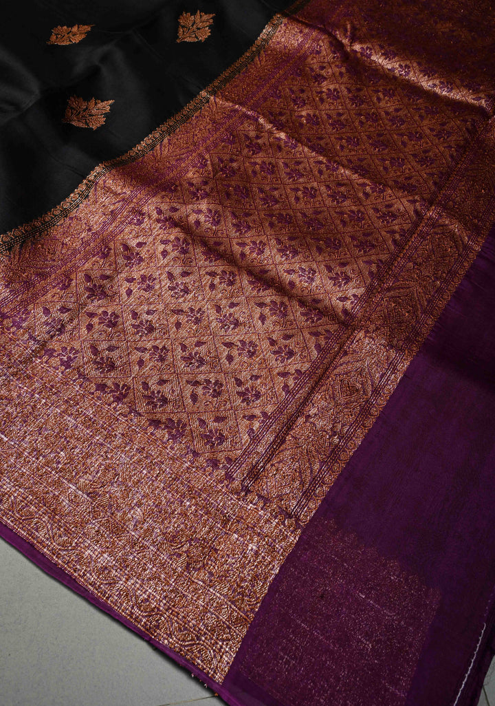 Black Pure Banarasi Kora Silk Saree with Floral Antique Oxidized Zari Buttas and Contrast Zari Border | SILK MARK CERTIFIED | SHOBITAM
