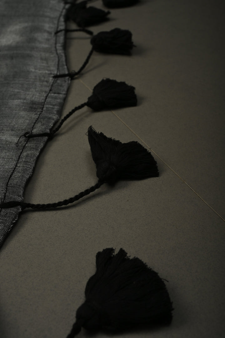 Gray Silver Tissue by Tissue Saree with Tikki Work and Long Tassels , No Blouse Peice | SHOBITAM
