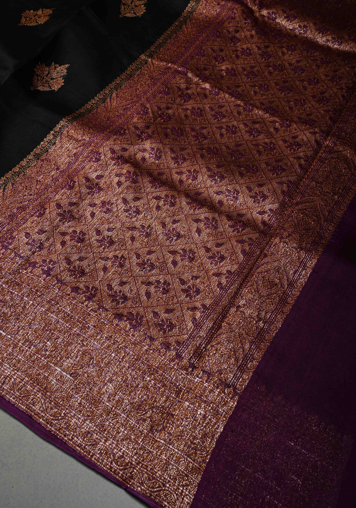 Black Pure Banarasi Kora Silk Saree with Floral Antique Oxidized Zari Buttas and Contrast Zari Border | SILK MARK CERTIFIED | SHOBITAM