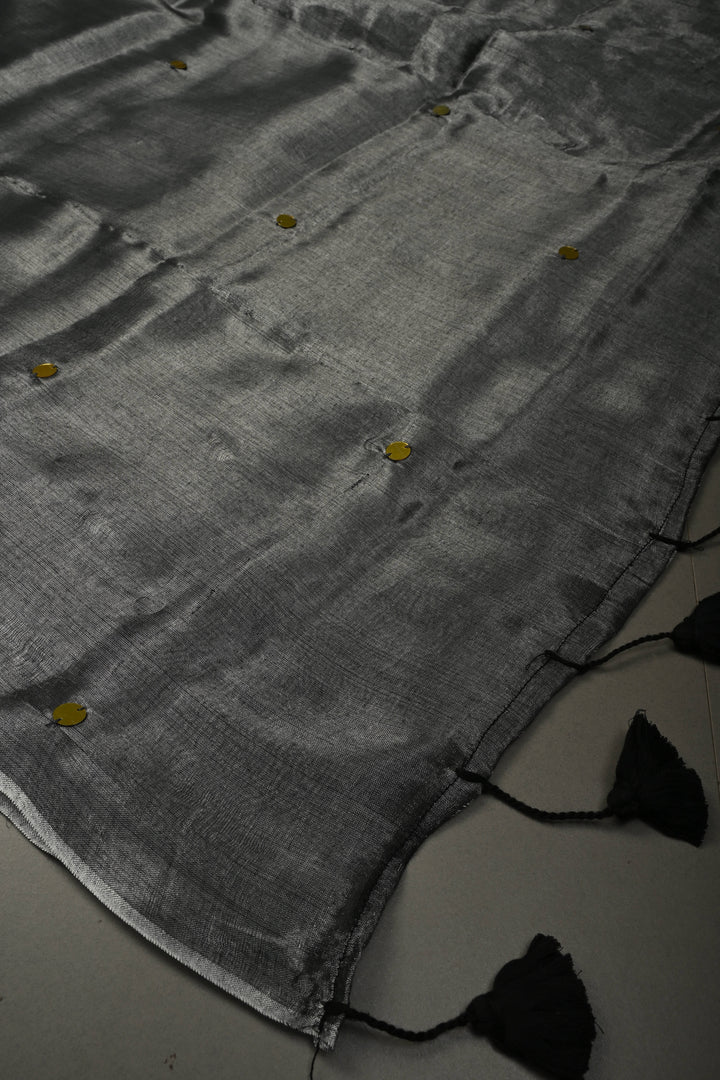 Gray Silver Tissue by Tissue Saree with Tikki Work and Long Tassels , No Blouse Peice | SHOBITAM