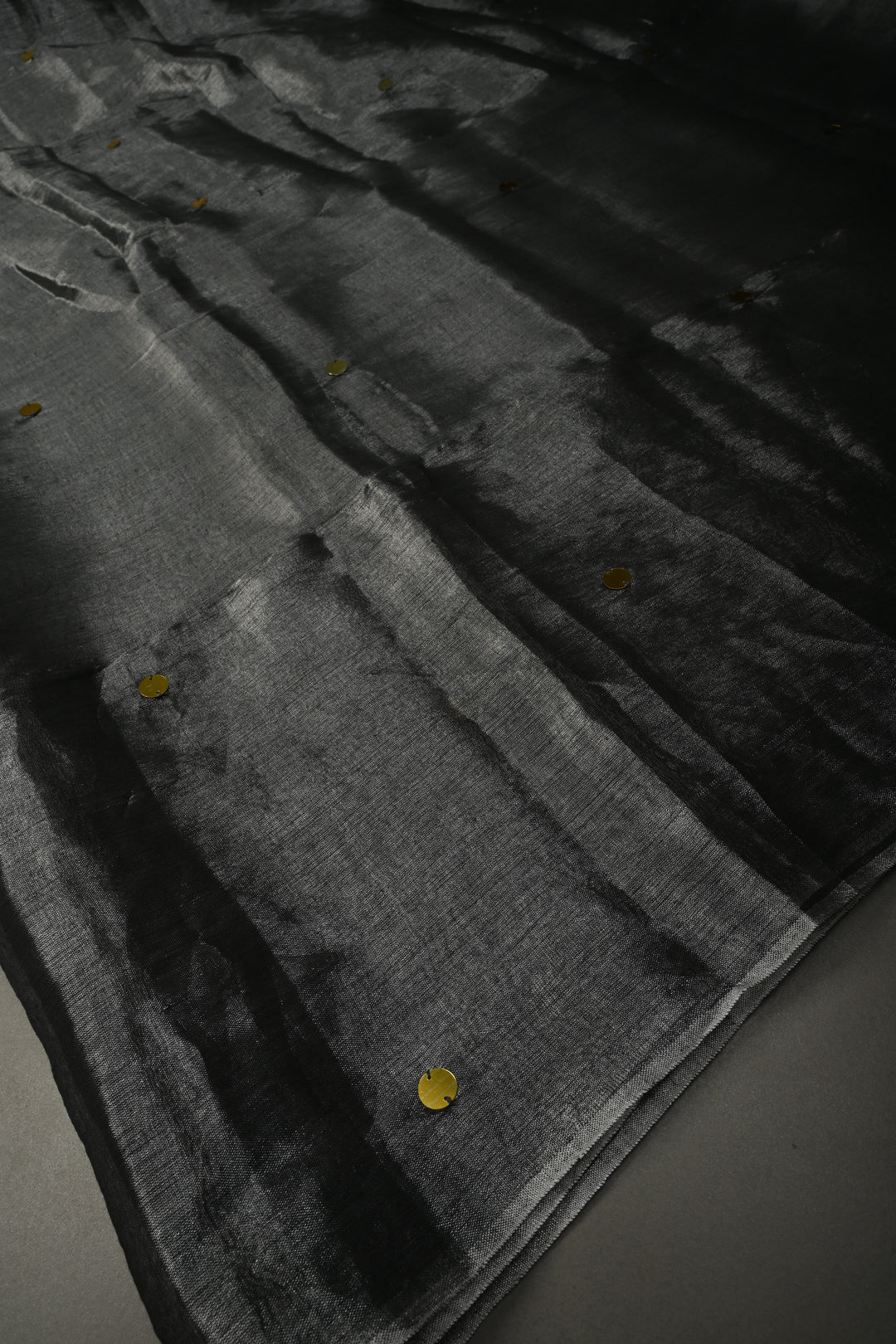 Gray Silver Tissue by Tissue Saree with Tikki Work and Long Tassels , No Blouse Peice | SHOBITAM
