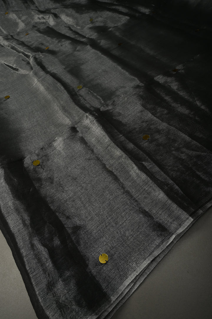 Gray Silver Tissue by Tissue Saree with Tikki Work and Long Tassels , No Blouse Peice | SHOBITAM