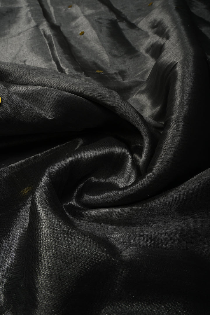 Gray Silver Tissue by Tissue Saree with Tikki Work and Long Tassels , No Blouse Peice | SHOBITAM