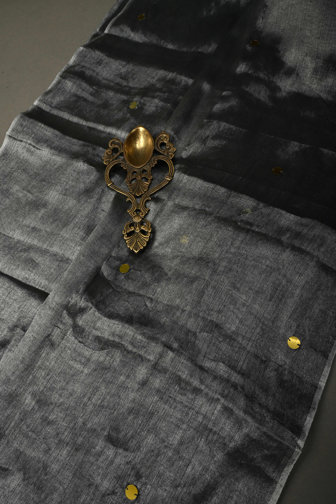 Gray Silver Tissue by Tissue Saree with Tikki Work and Long Tassels , No Blouse Peice | SHOBITAM