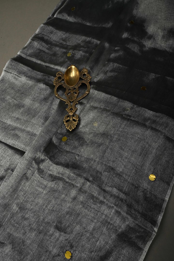 Gray Silver Tissue by Tissue Saree with Tikki Work and Long Tassels , No Blouse Peice | SHOBITAM