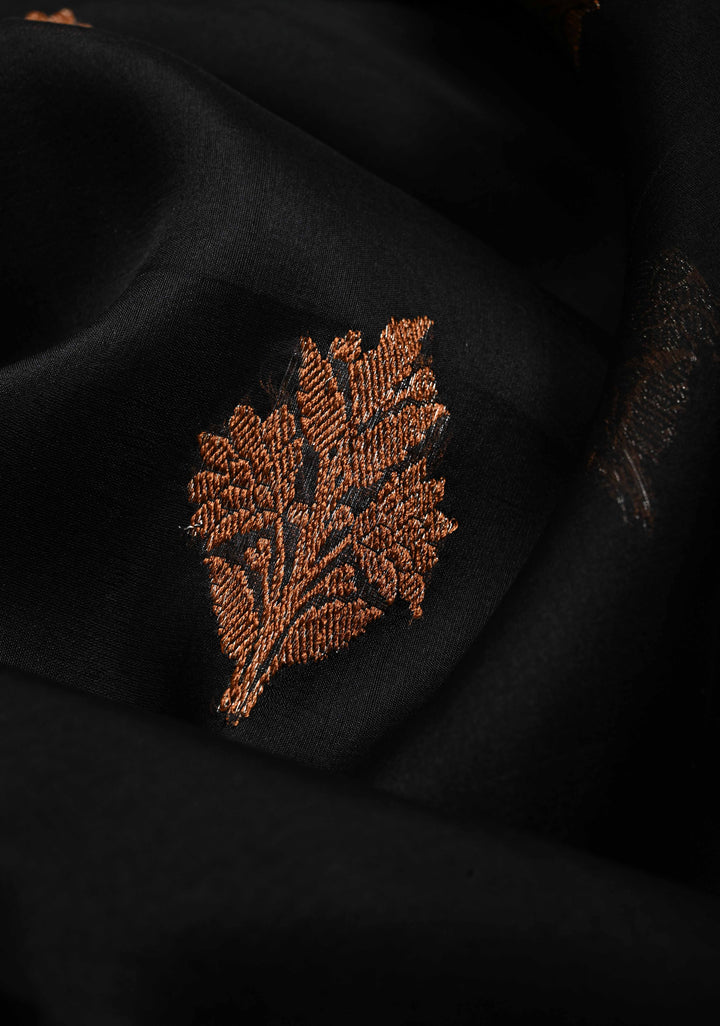 Black Pure Banarasi Kora Silk Saree with Floral Antique Oxidized Zari Buttas and Contrast Zari Border | SILK MARK CERTIFIED | SHOBITAM