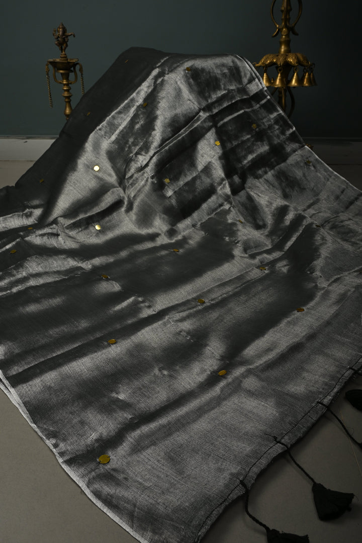 Gray Silver Tissue by Tissue Saree with Tikki Work and Long Tassels , No Blouse Peice | SHOBITAM