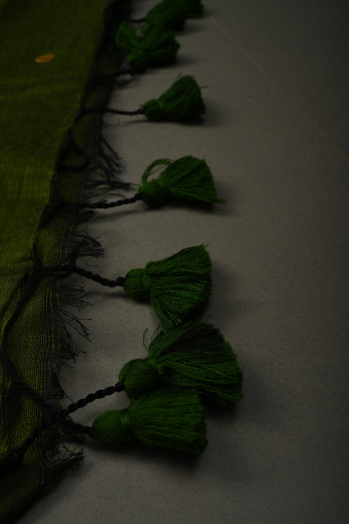 Parrot Green Mercerized Mul Cotton saree in With Tikki work and Long Tassels, No Blouse Piece | SHOBITAM