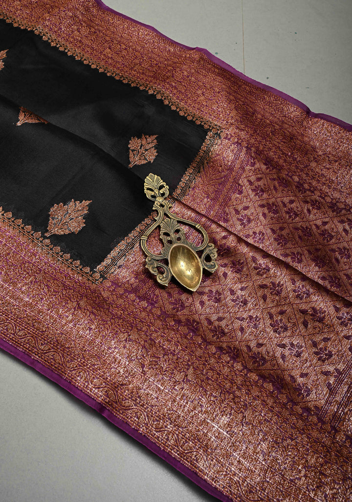 Black Pure Banarasi Kora Silk Saree with Floral Antique Oxidized Zari Buttas and Contrast Zari Border | SILK MARK CERTIFIED | SHOBITAM