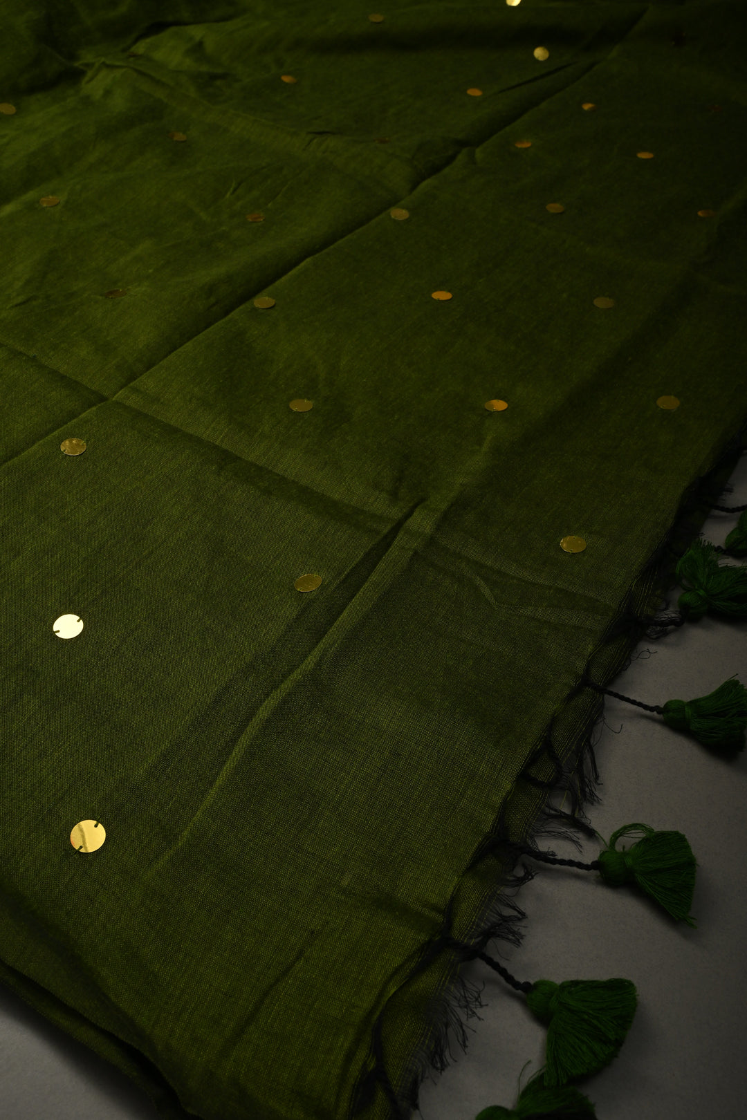 Parrot Green Mercerized Mul Cotton saree in With Tikki work and Long Tassels, No Blouse Piece | SHOBITAM