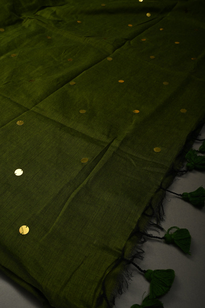 Parrot Green Mercerized Mul Cotton saree in With Tikki work and Long Tassels, No Blouse Piece | SHOBITAM