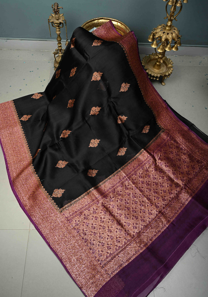 Black Pure Banarasi Kora Silk Saree with Floral Antique Oxidized Zari Buttas and Contrast Zari Border | SILK MARK CERTIFIED | SHOBITAM