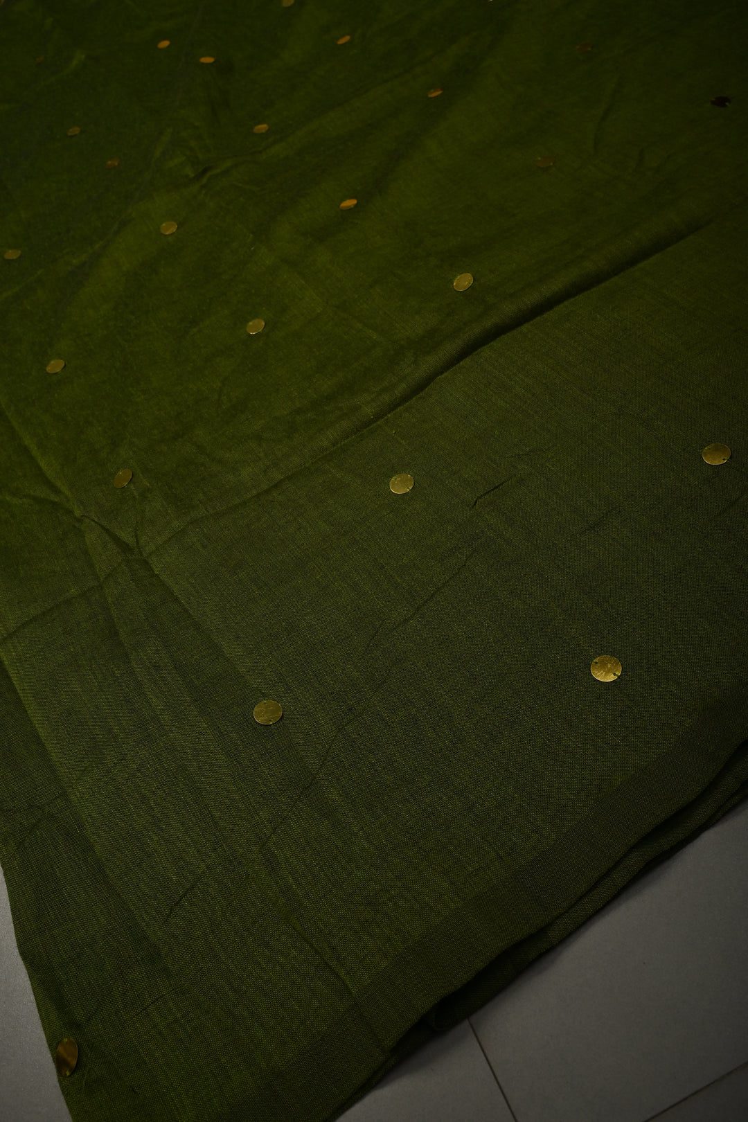 Parrot Green Mercerized Mul Cotton saree in With Tikki work and Long Tassels, No Blouse Piece | SHOBITAM